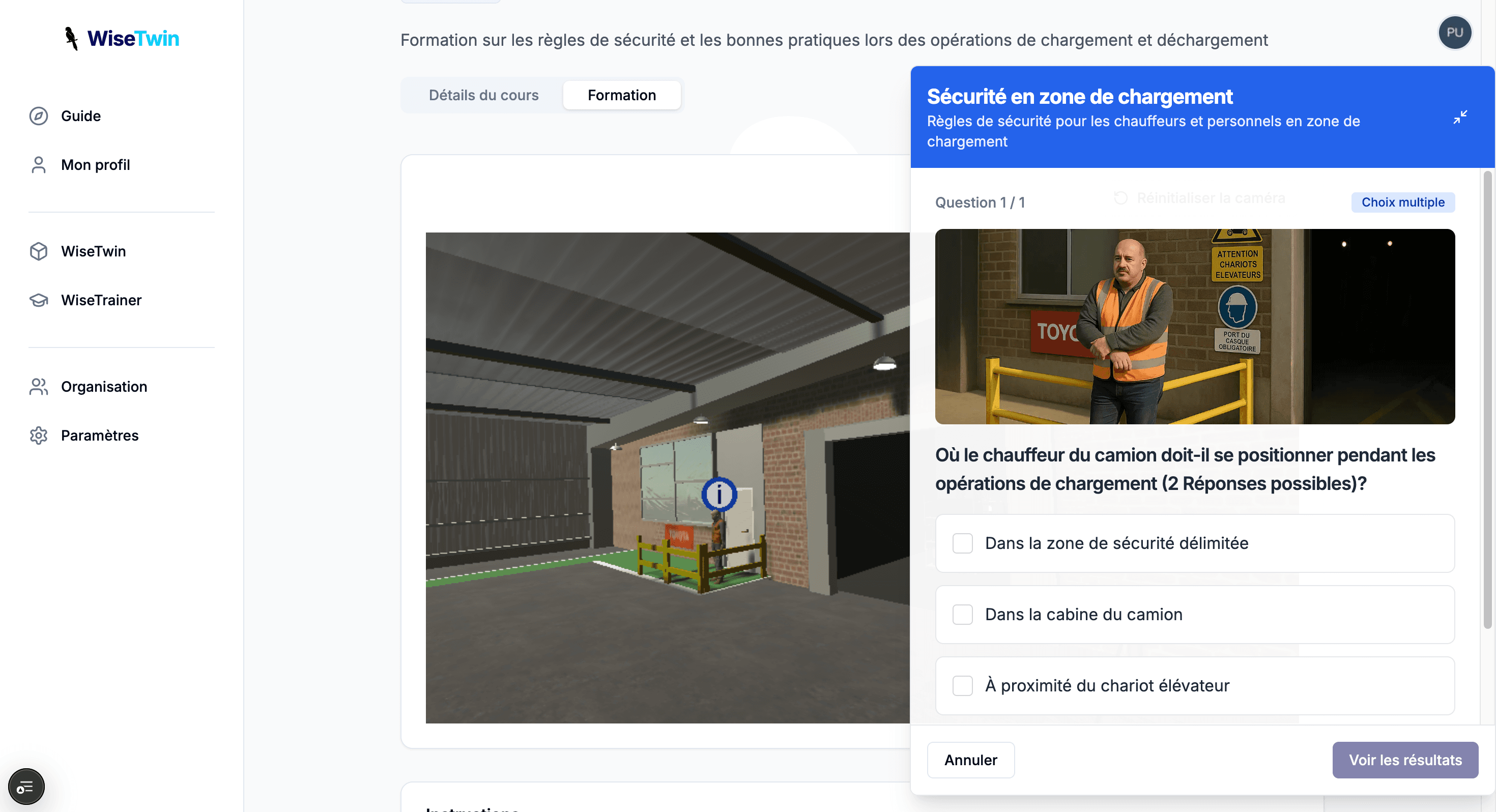 Interface de WiseTrainer montrant une formation en 3D